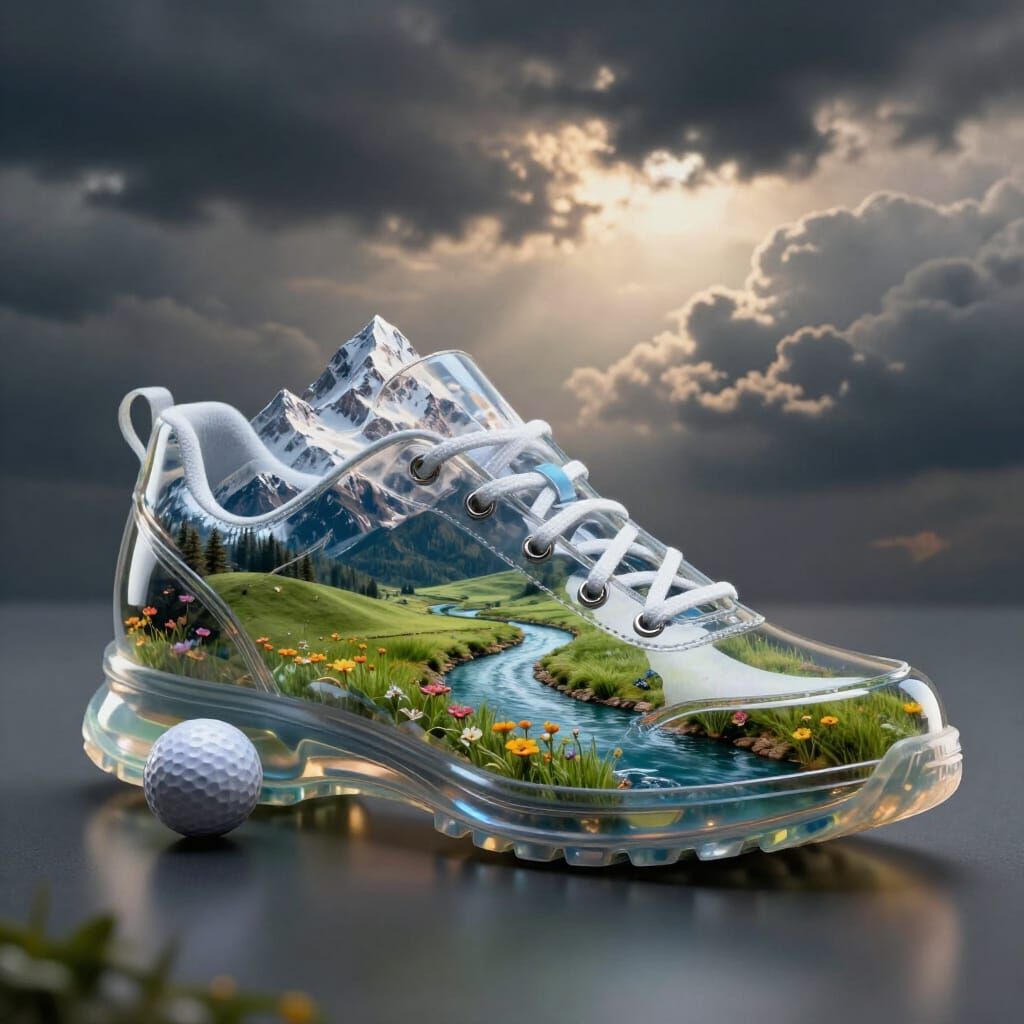 Surreal Transparent Shoe With Miniature Landscape Inside