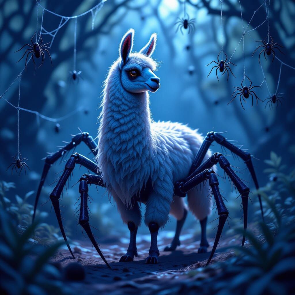Surreal Llama-Spider Hybrid Entangled in Web