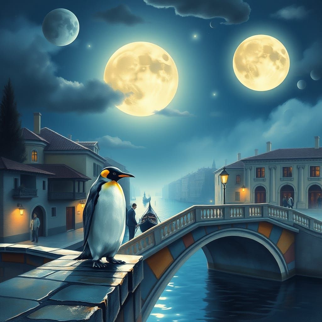 Chrome Penguin in Dreamy Moonlit Village