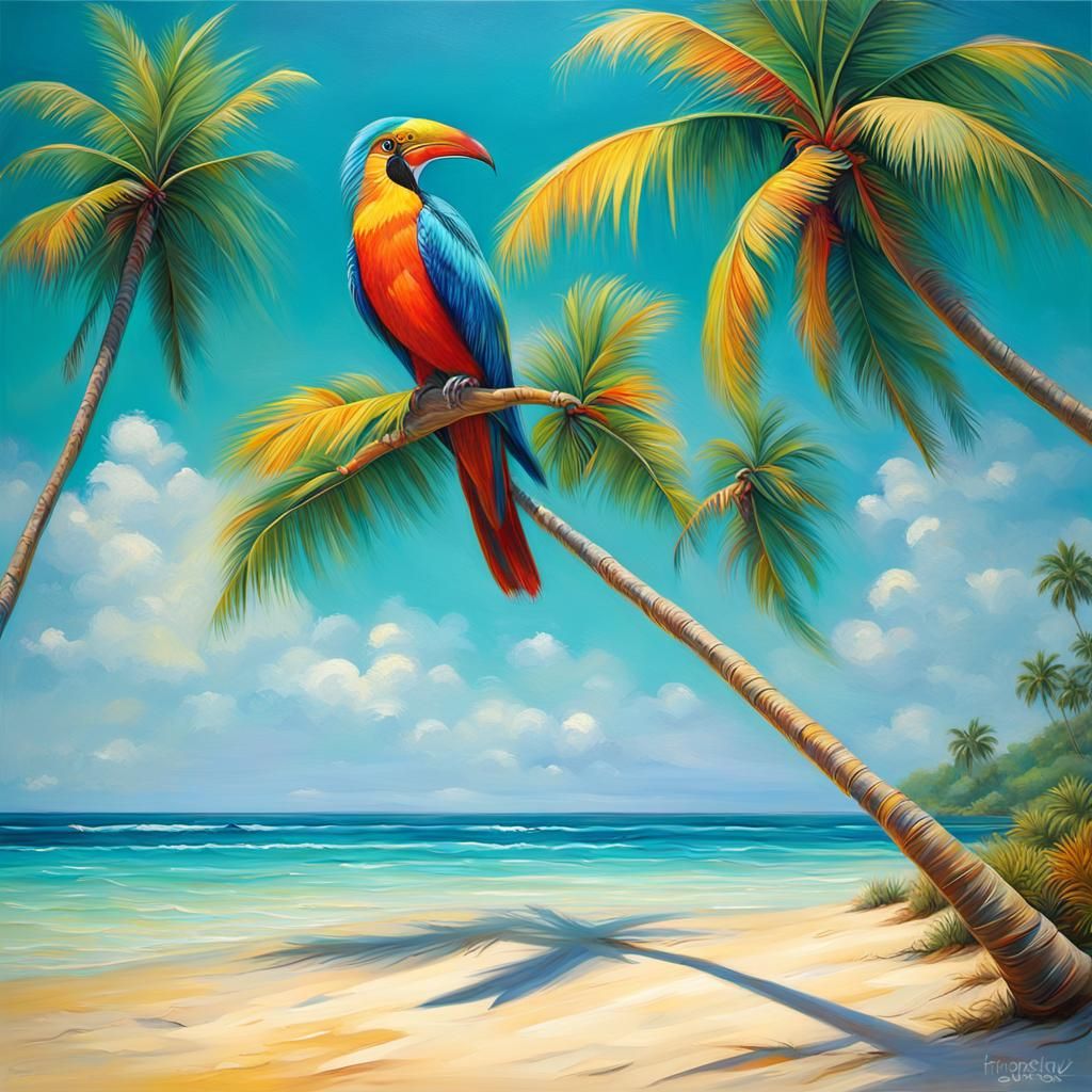 Tropical Beach with Colorful Birds, Oil Painting