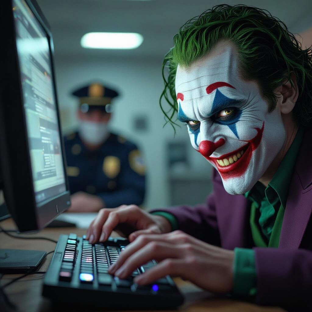 Photorealistic Joker Typing, Guard Bound in Cinematic Lighti...