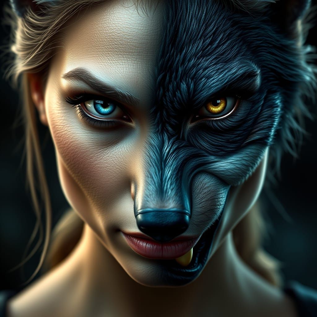 Enchanting Beauty: Werewolf-Human Hybrid in Deep Fantasy