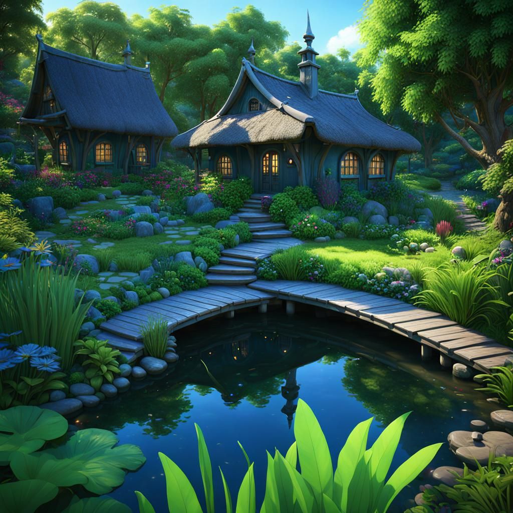 Cabin in Lush Garden: Detailed Matte Painting