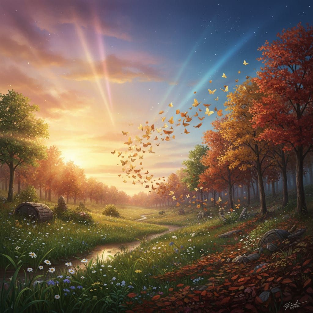 Lush Meadow Meets Autumn Forest, Dreamy Realism