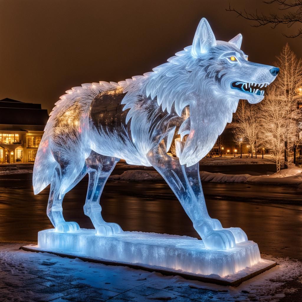 Giant Ice Wolf Sculpture with Colorful Lights