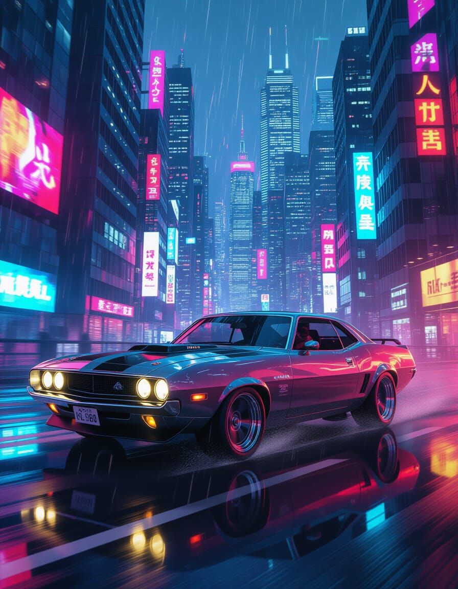Cyberpunk Muscle Car Speeds Through Neon Metropolis