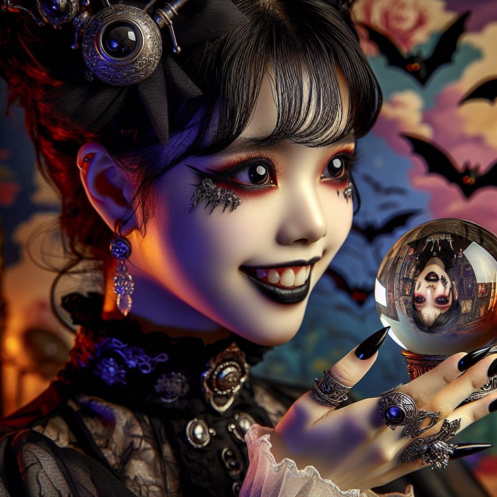 Gothic Girl with Crystal Ball in Hyperrealistic Style