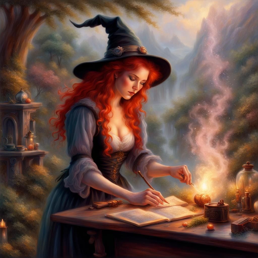 Ethereal Red-Haired Witch Working Magic