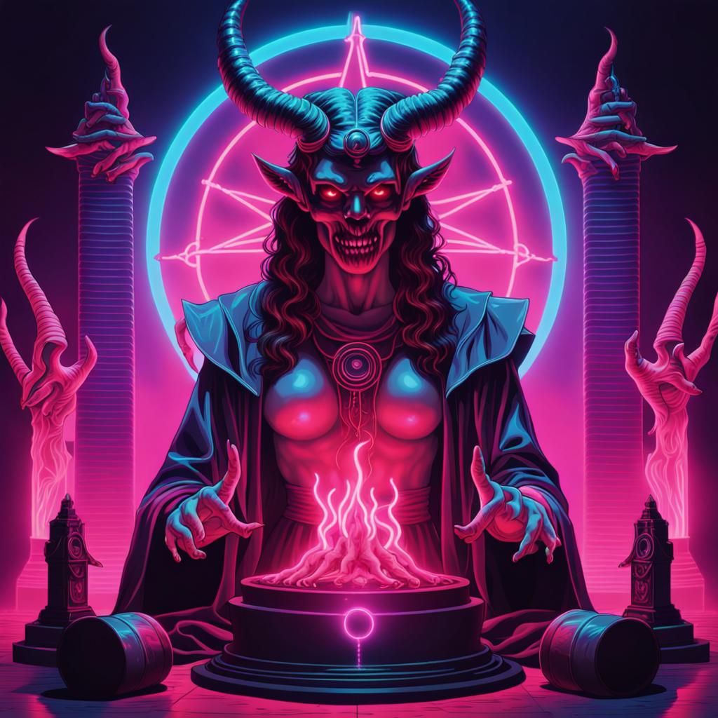 1970s Cult Ritual in Synthwave Neon Style