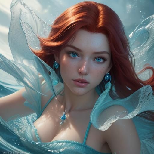 Redhead Ariel in Ocean: Hyperrealistic Art Nouveau Portrait