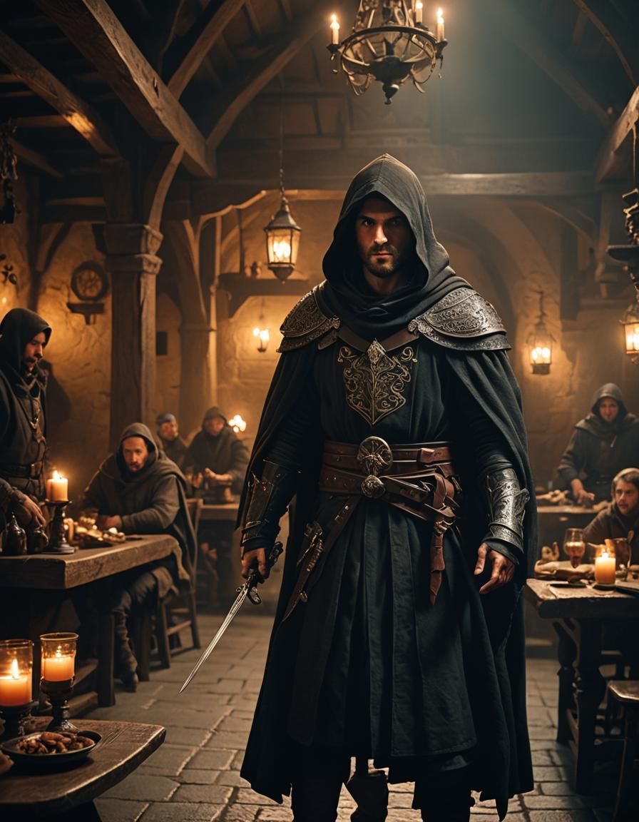 Dark Fantasy Thief in Candlelit Tavern