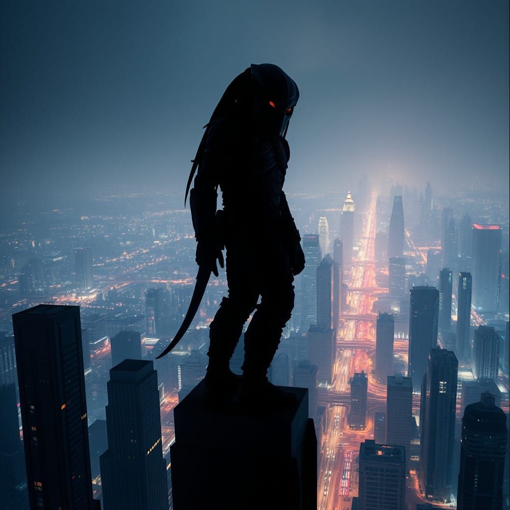 Cyberpunk Predator Watches Over a Futuristic Metropolis