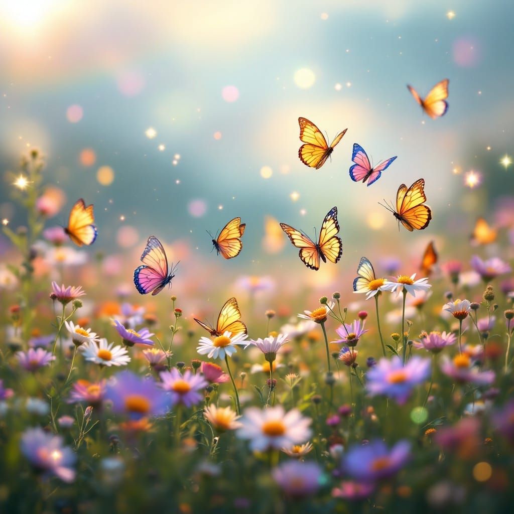 Vibrant Butterflies Emerge in a Whimsical Meadow Landscape