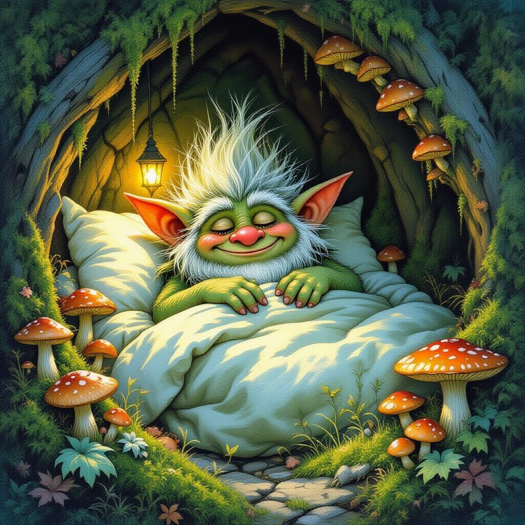 Cozy Troll in Bed, Fantasy Art
