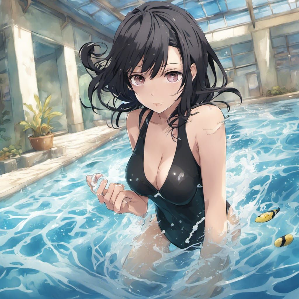Anime Girl Swimming in Pool in Anime Style
