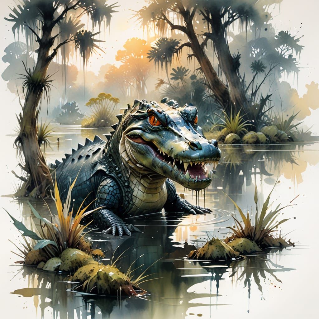 Primordial Alligator Rests in Dusk Swamp