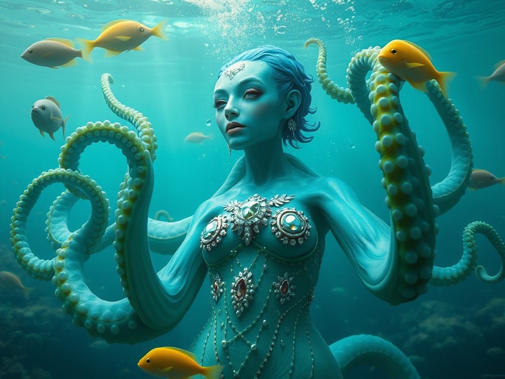 Underwater Mermaid Octopus Hybrid in a Treasure Trove