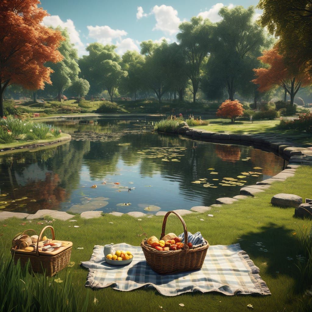 Vibrant Park Picnic in Hyperdetailed Realism