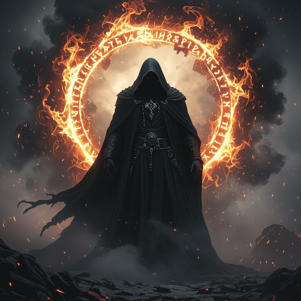 Dark Sorcerer Amidst Black Firestorm