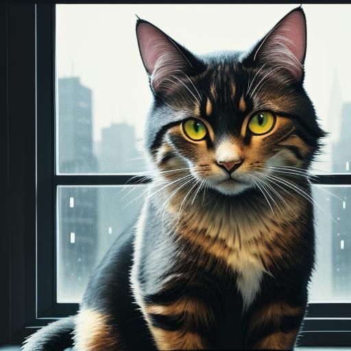 Anime Cat on Rainy Windowsill in Studio Trigger Style