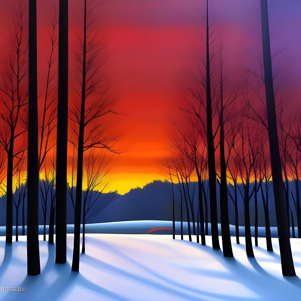 Sunset Over Snowscape: Airbrush Painting in Oil Style