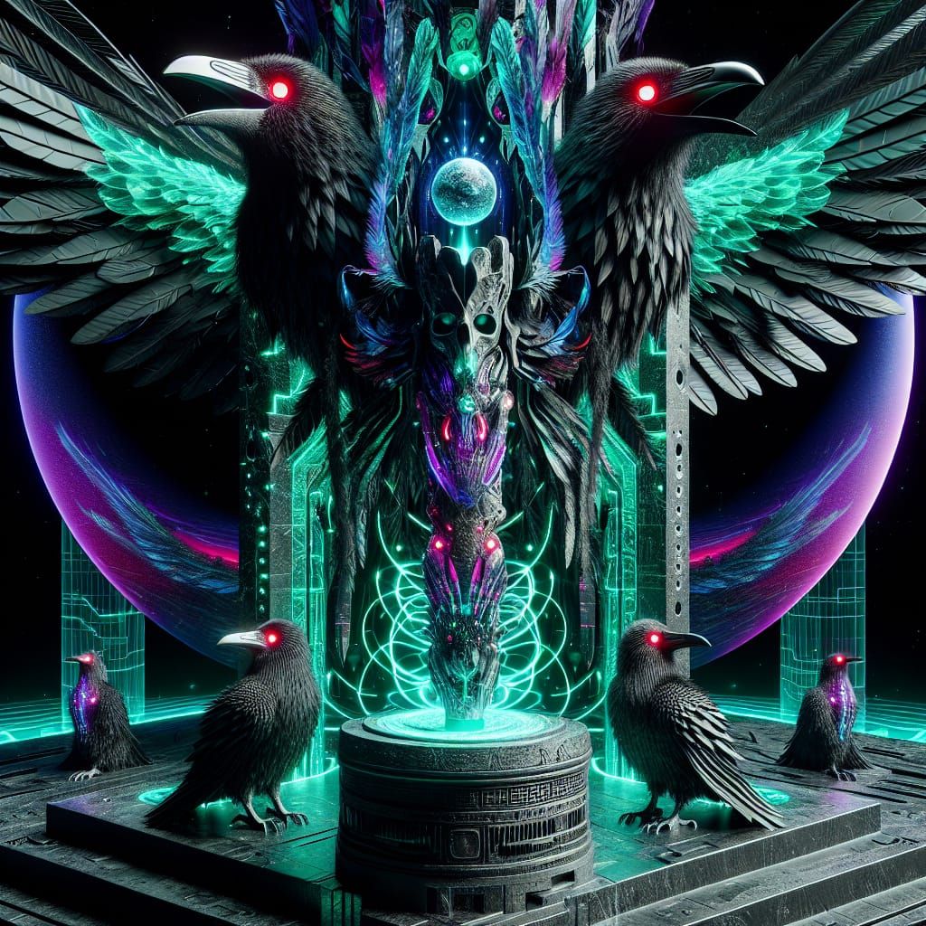 Gigantic Cosmic Flute on Neon Pedestal with Ravens