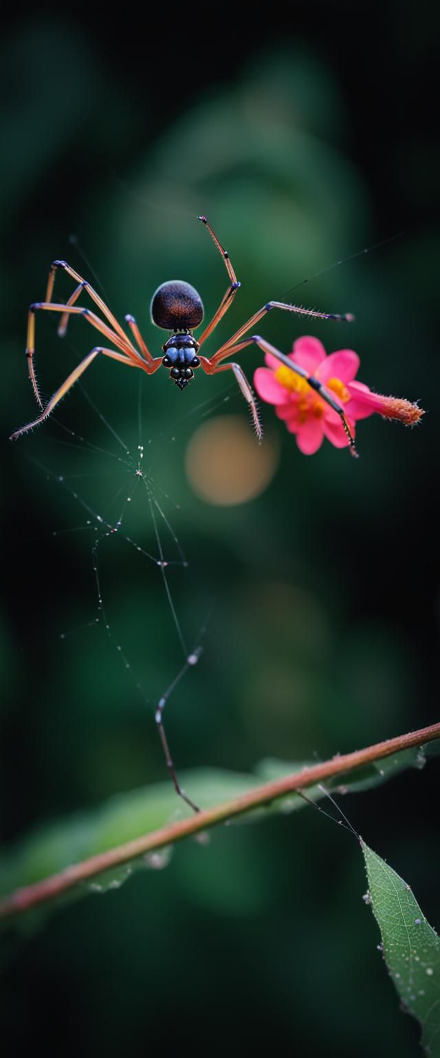 Psychedelic Garden Scene with Spider Web