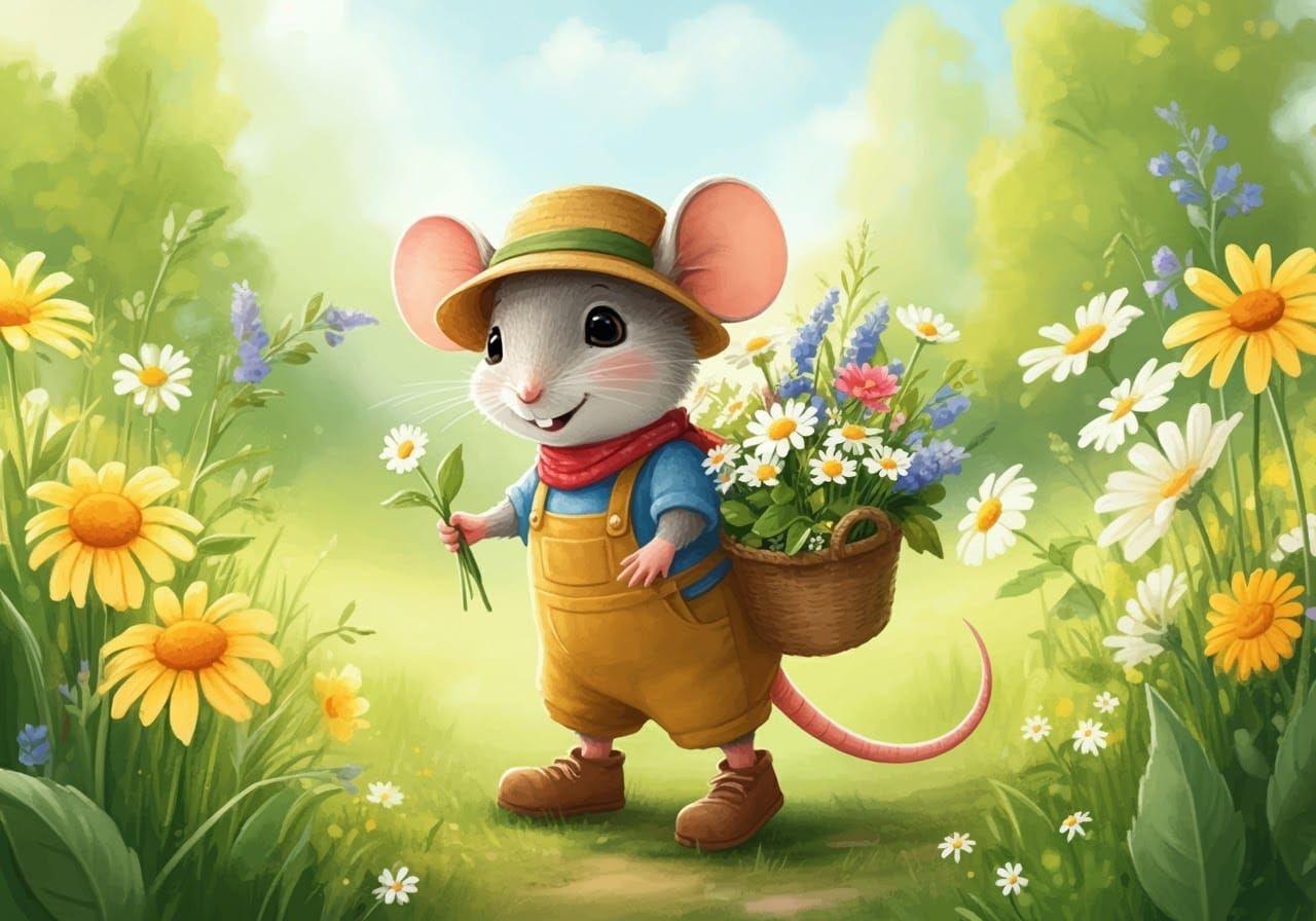 Mouse Gardener Collecting Summer Wildflowers: Storybook Illu...