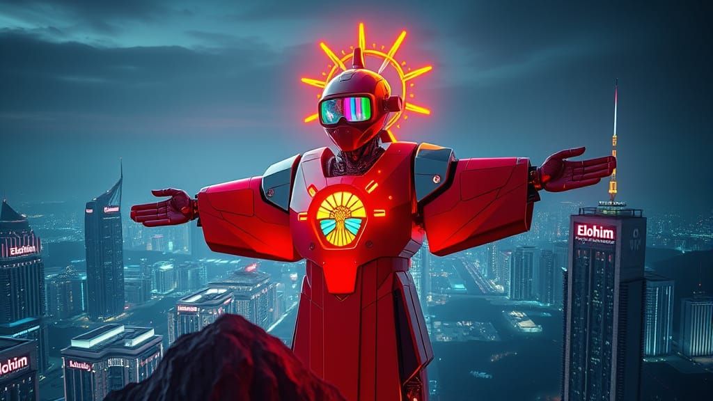 Cyberpunk Mecha Angel Radiates Retro-Futuristic Energy