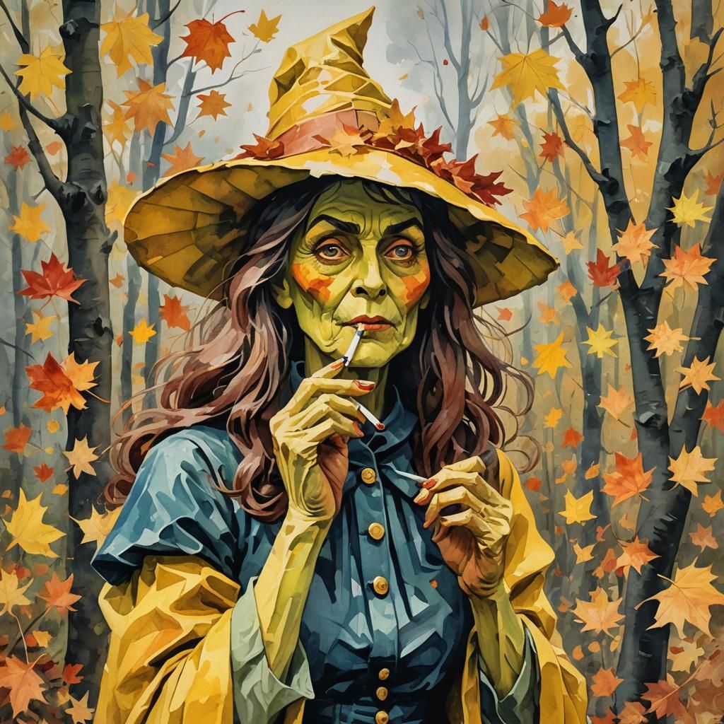 Yellow Witch Smoking: Impressionist Gouache Masterpiece
