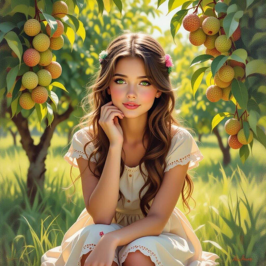 Girl in Litchi Orchard: Collage Style Illustration