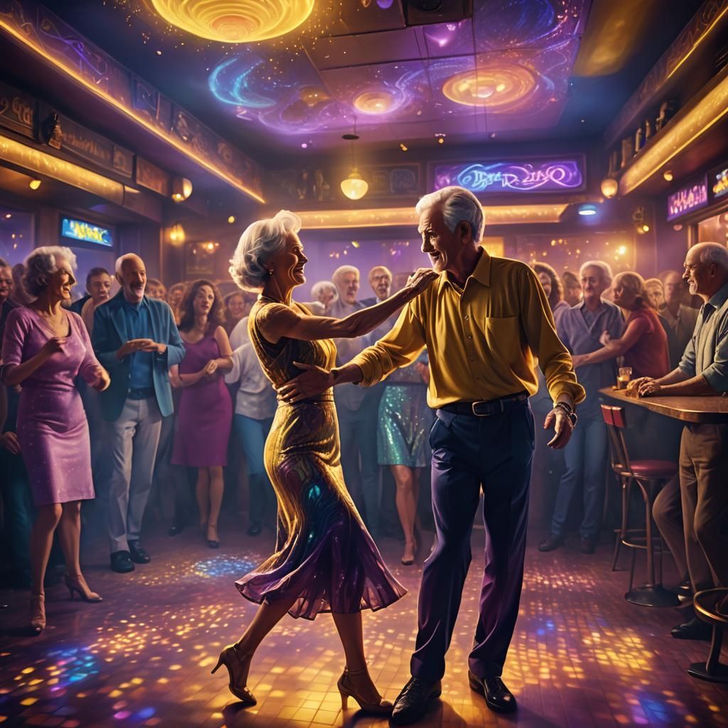 Elderly Couple Dancing Twist in Vibrant Youth Bar