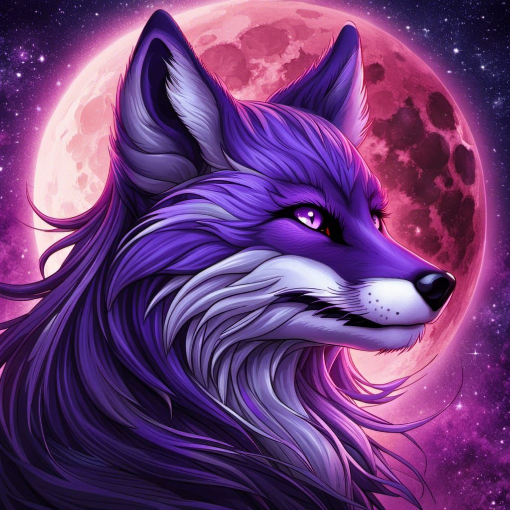 Anime Portrait of a Purple Fox Under Moon