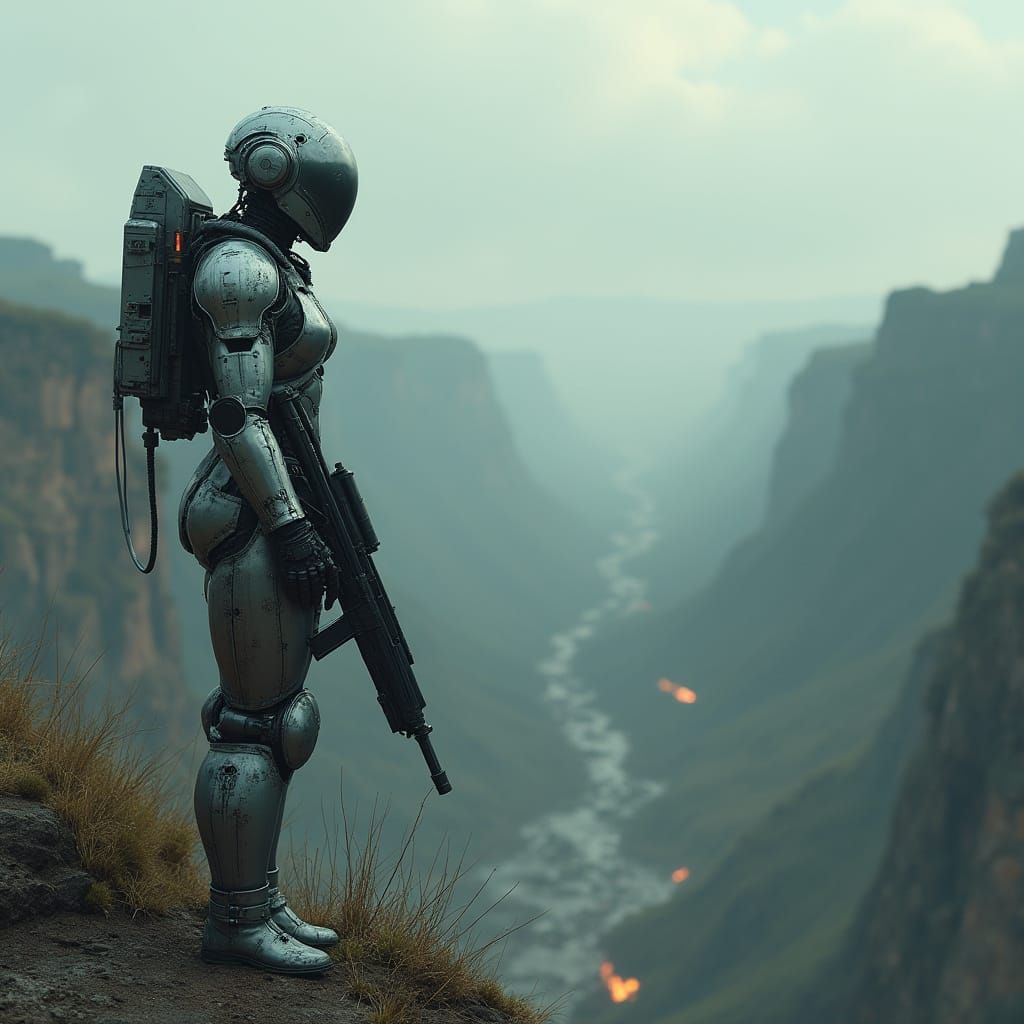 Cyborg Warrior on Battlefield in Dramatic Lighting