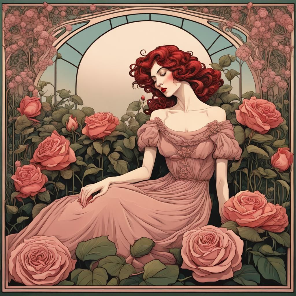 Art Nouveau Woman in Rose Garden