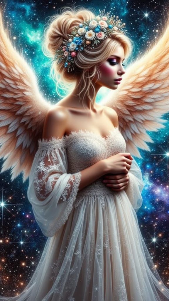 Majestic Angel Descends from Cosmic Nebula in Painterly Styl...