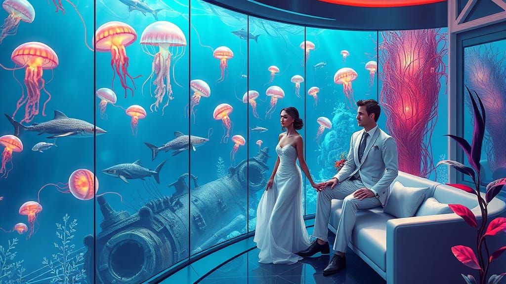 Futuristic Family in Underwater Apartment, Comic Book Art