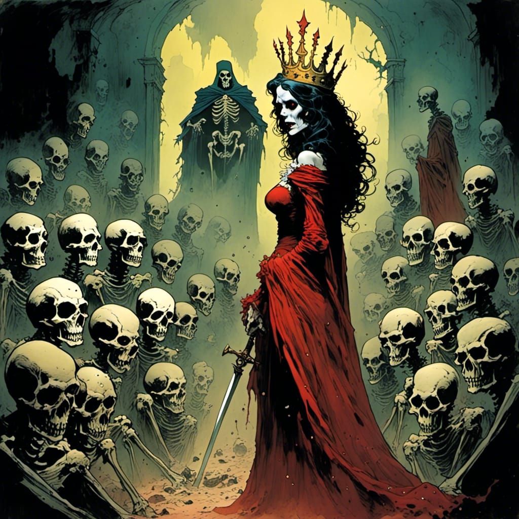 Undead Queen with Skeleton Legion in Comic Style