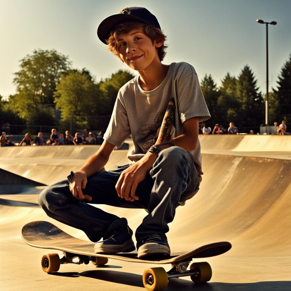 Boy Skateboarding at Sunset in a Colorful Skatepark