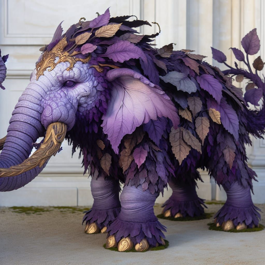 Purple Elephant Creature with Leaf Mane