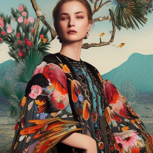 Model in Embroidered Jacket with Floral Skirt