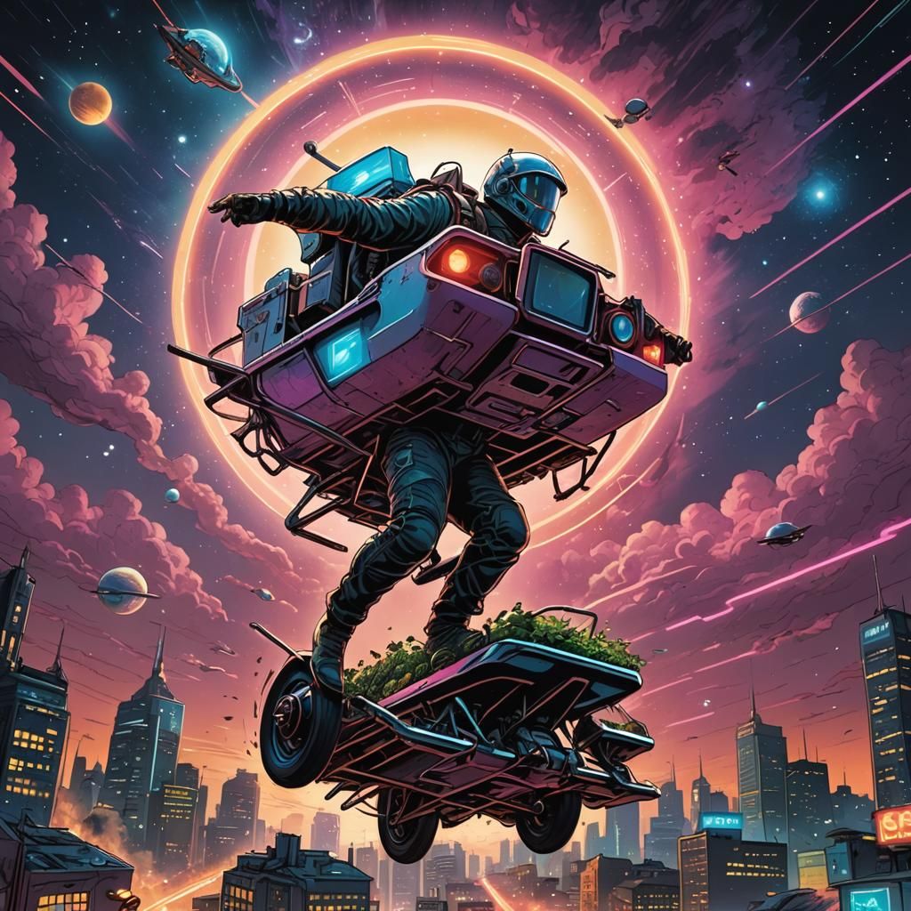 Futuristic Wheelbarrow Soars Through Cosmic Sky