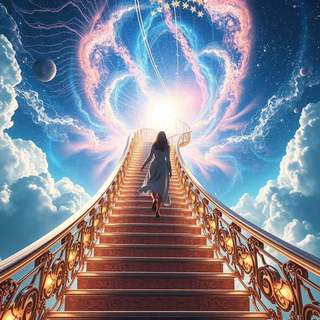 Woman Climbs Cosmic Stairway in Digital Matte Painting