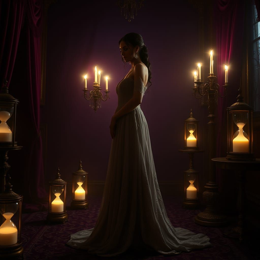 Hourglass Contemplation in Mystical Ethereal Style