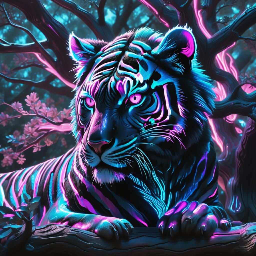 Synthwave Tiger with Neon Mohawk in Cyberpunk Style