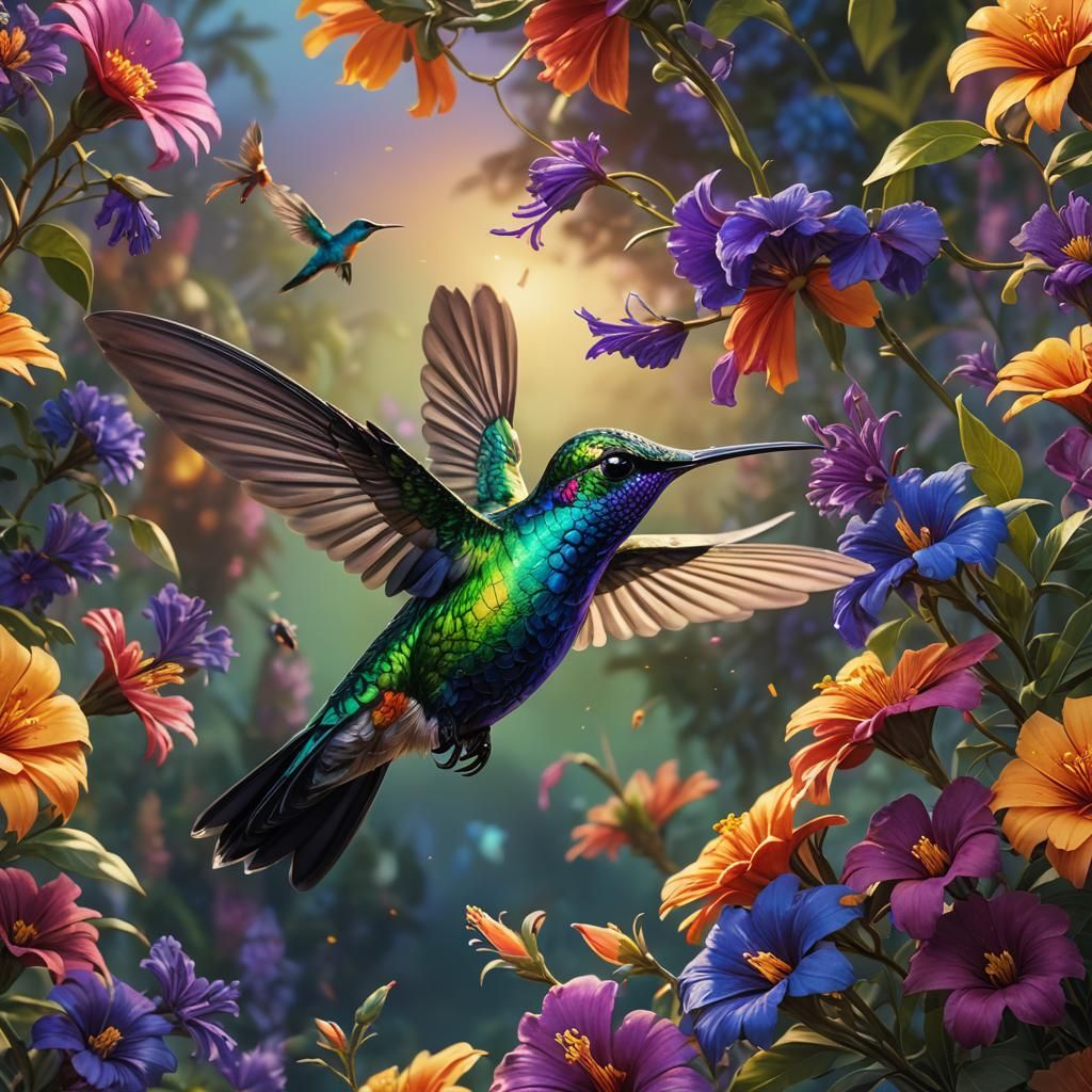 Hummingbird and Exotic Flower, Detailed Matte Painting