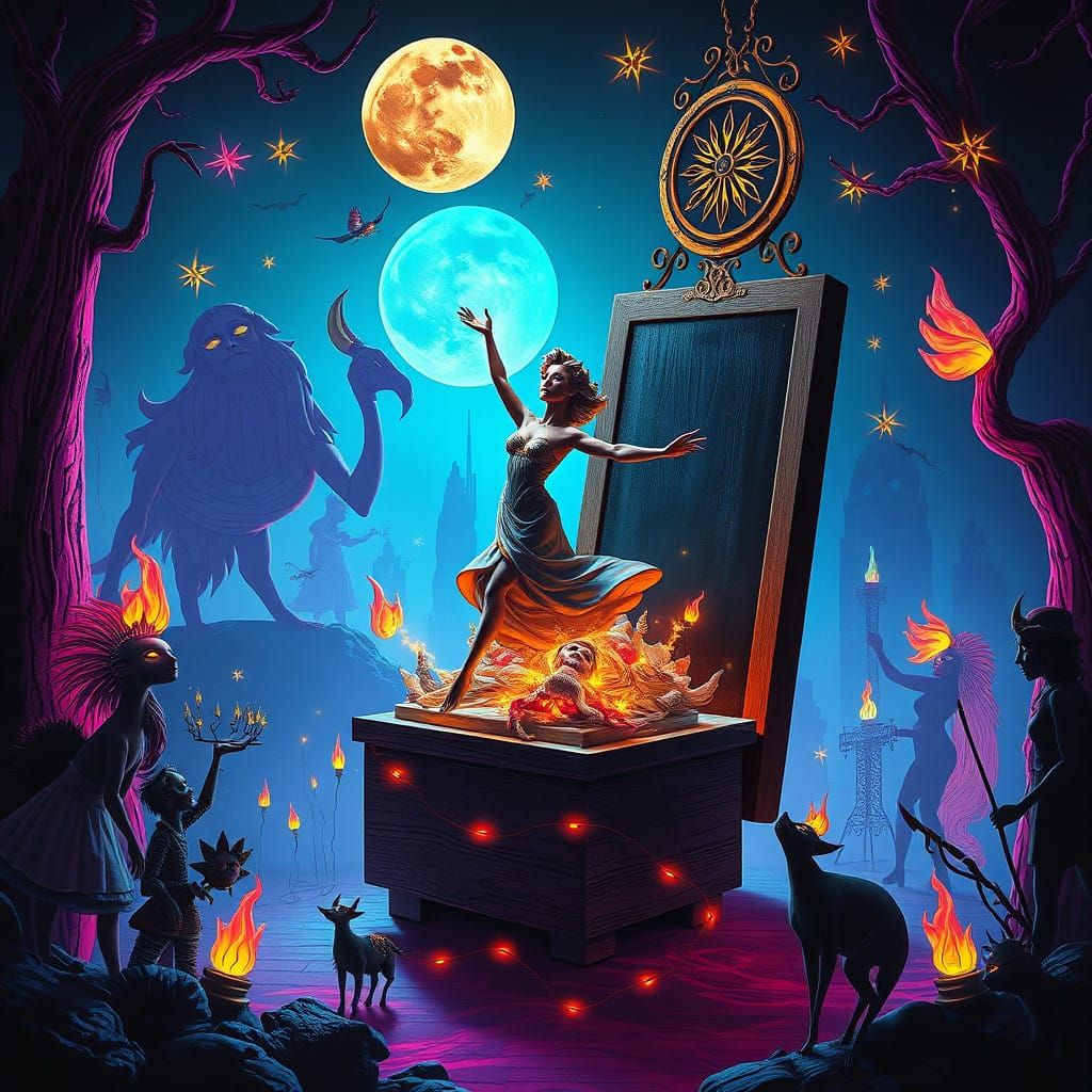 Surreal Cyberpunk Dreamscape with Whimsical Silhouettes