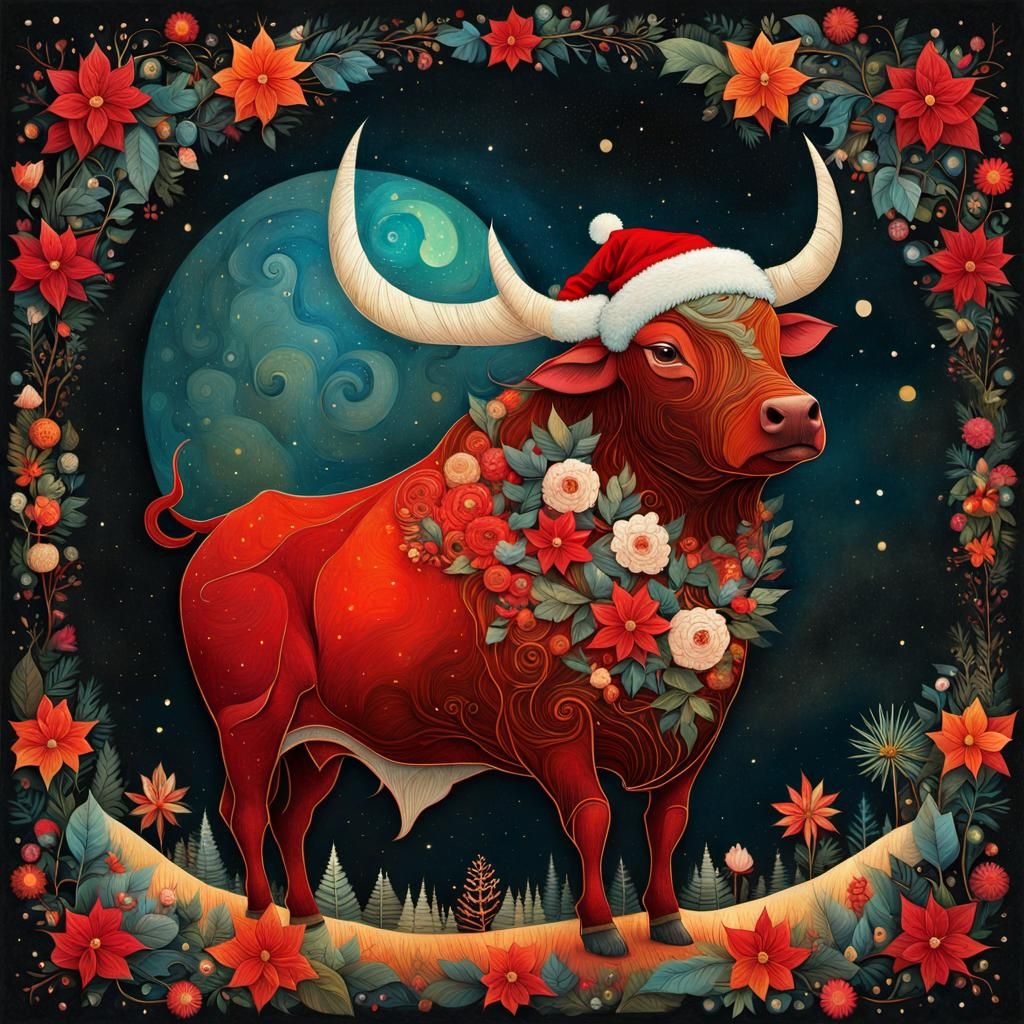 Santa Bull: Whimsical Folk Art Collage