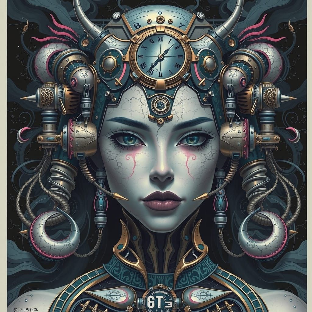 Cyberpunk Sorceress in Baroque-Inspired Clockwork Armor