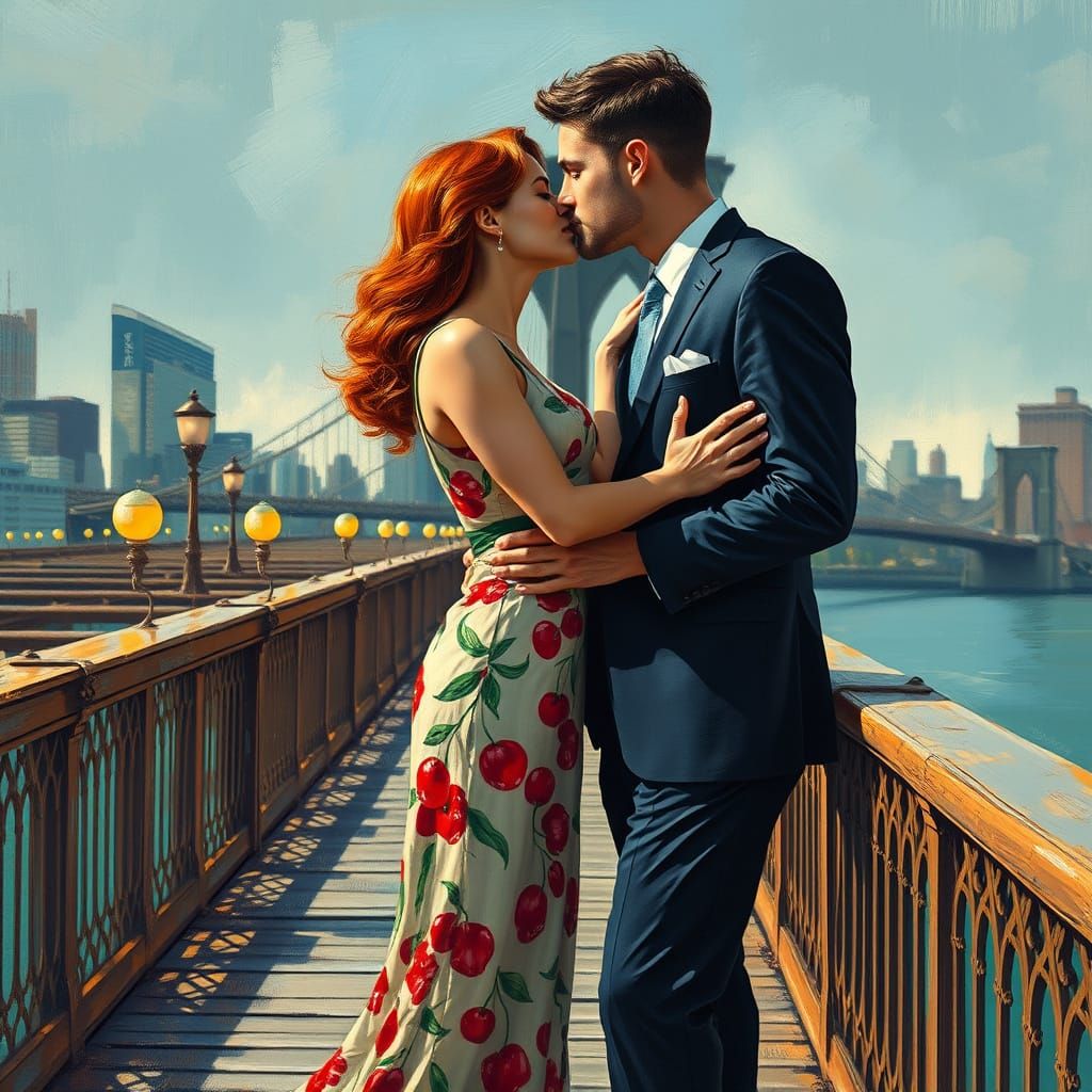 Romantic Couple Kissing on Brooklyn Bridge, Retro Oil Painti...